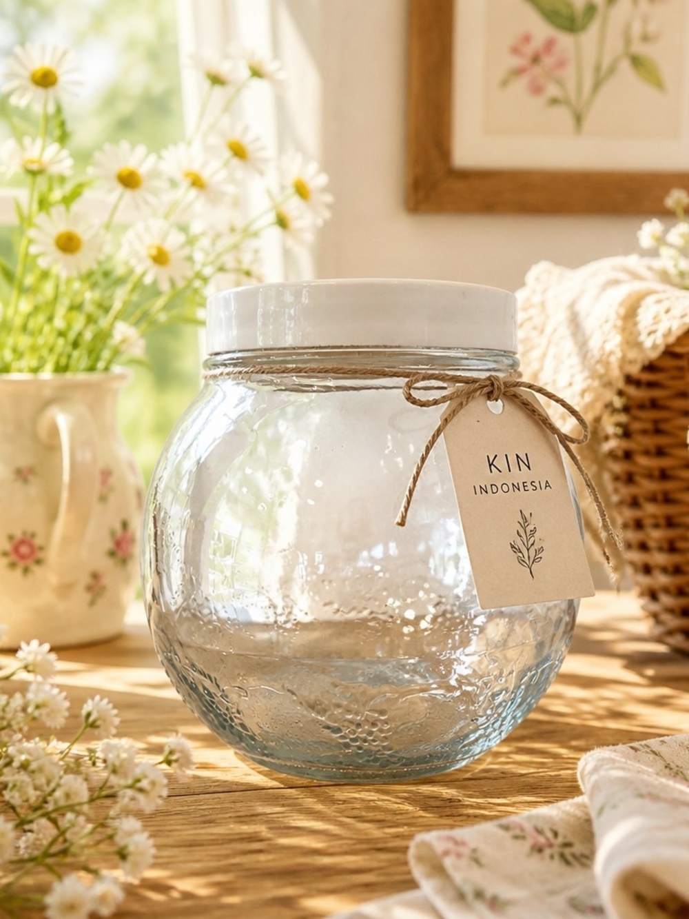 Clear Textured Glass Jar with White Lid Canister